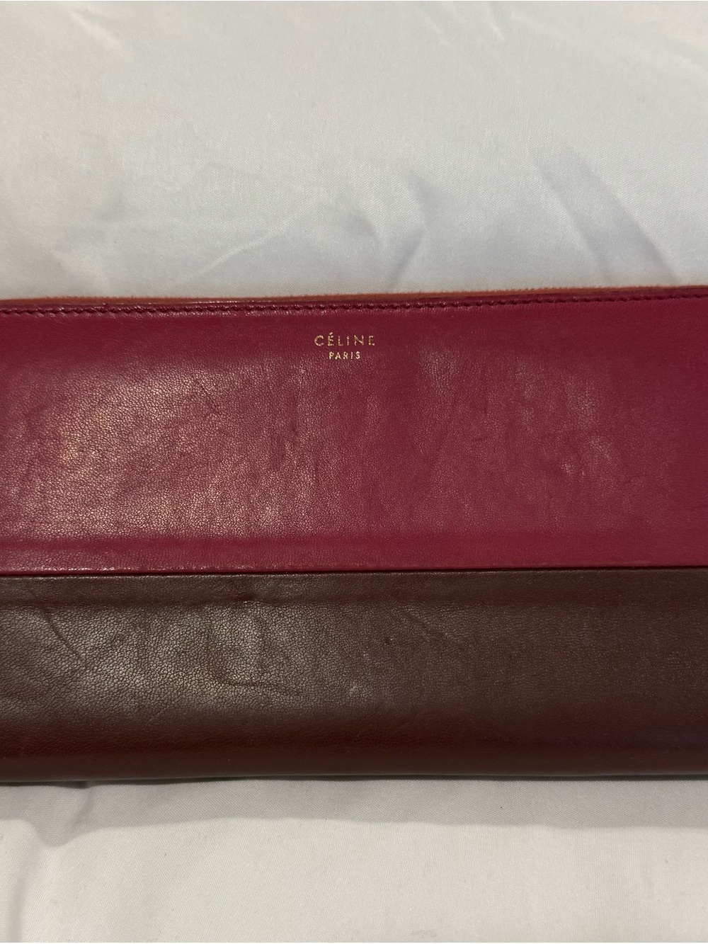 Vintage Celine Paris Bi-Color Leather Zip Around Wallet  Burgundy Deep Purple